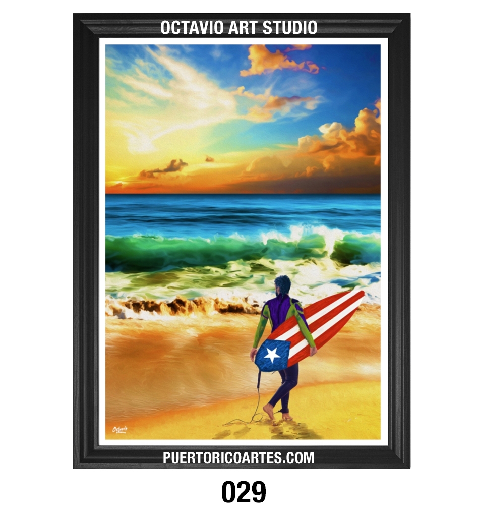 PR-029 Surfer con tabla y bandera de Puerto Rico en la Playa