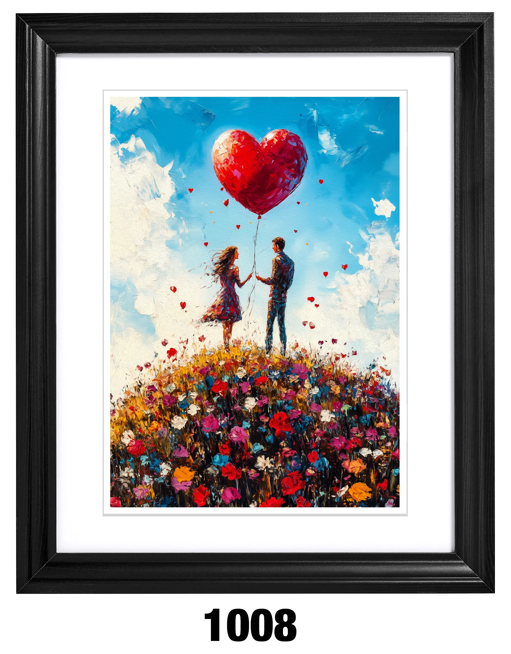 A-1008 Pareja Sobre Montaña de Flores y Globo de Corazón Rojo