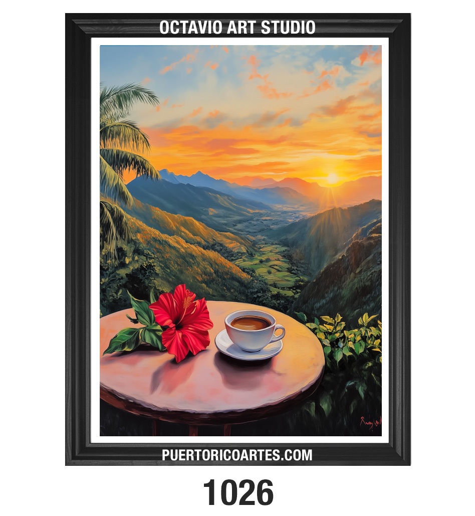PR-1026 Taza de Café con Amapola en la Montaña al Amanecer (Vertical)