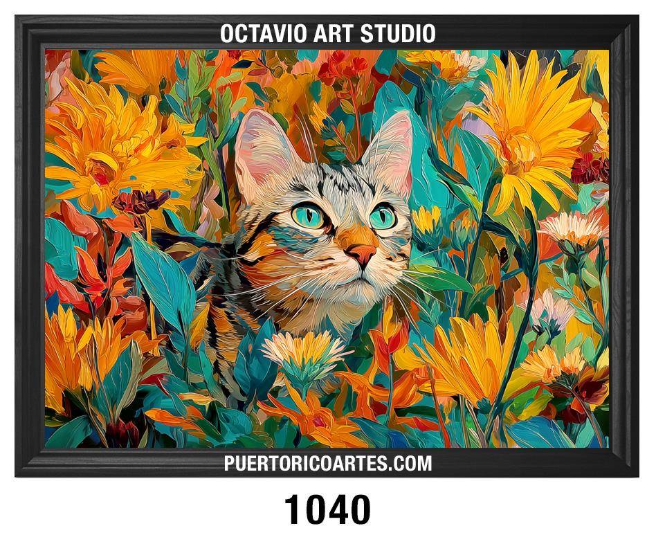 AN-1040 Gato Tabby Gris en el Jardín de Flores II