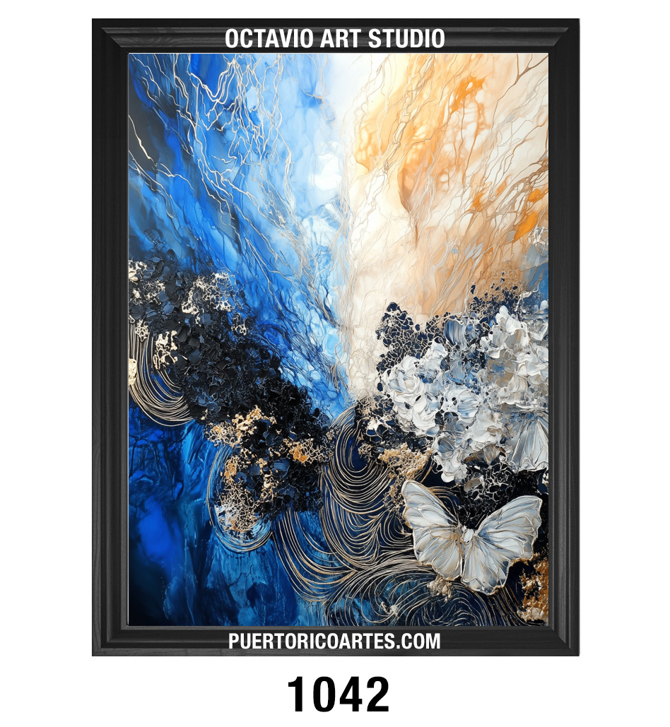 A-1042 Abstract Blue, Black, Gold, White Color Fields III (Vertical)