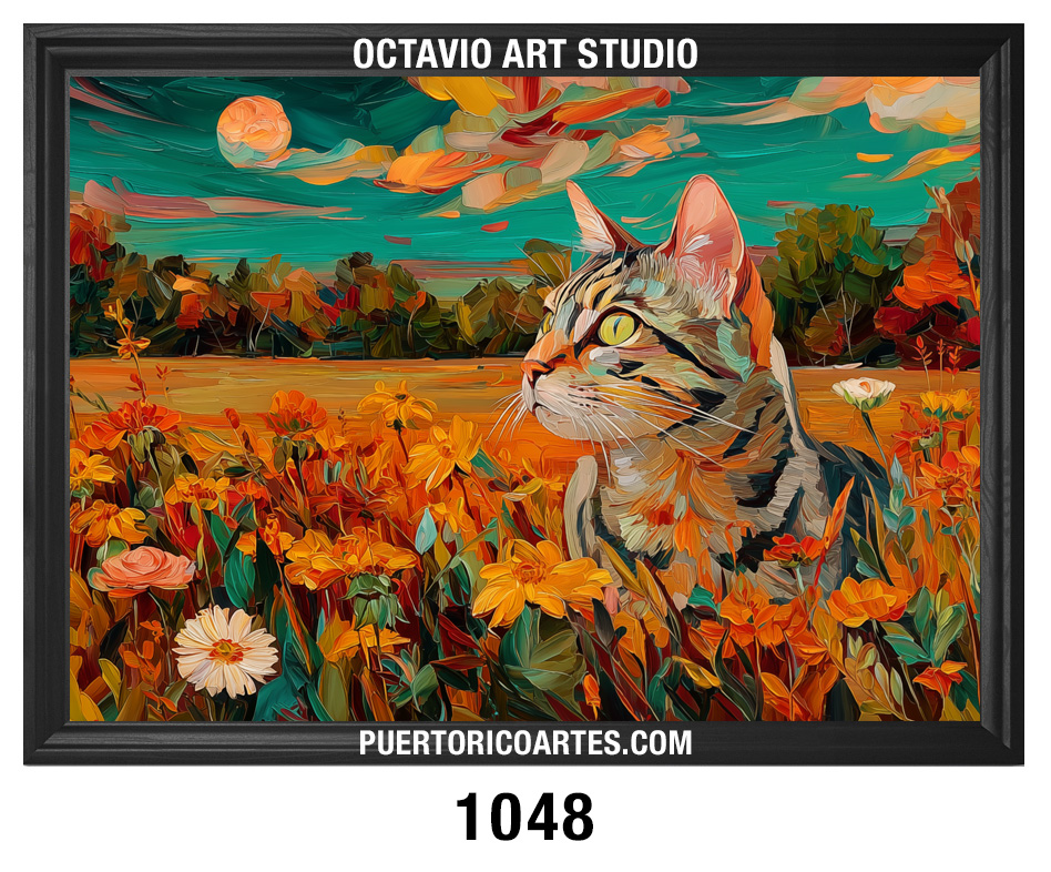 AN-1048 Gato Tabby Gris en el Jardín de Flores I