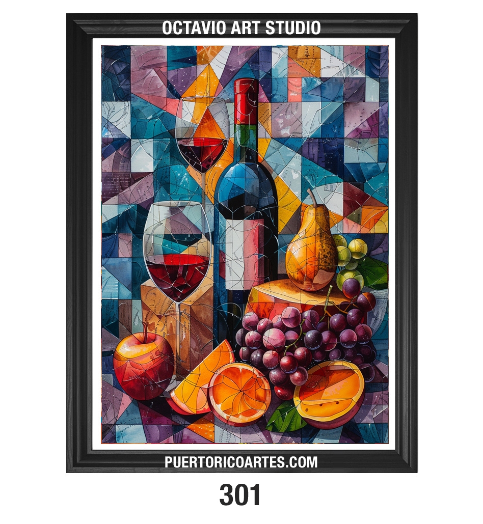 PR-301 Bodegón de Vinos, Uvas y Queso con efecto de Vitrales II (Vertical)