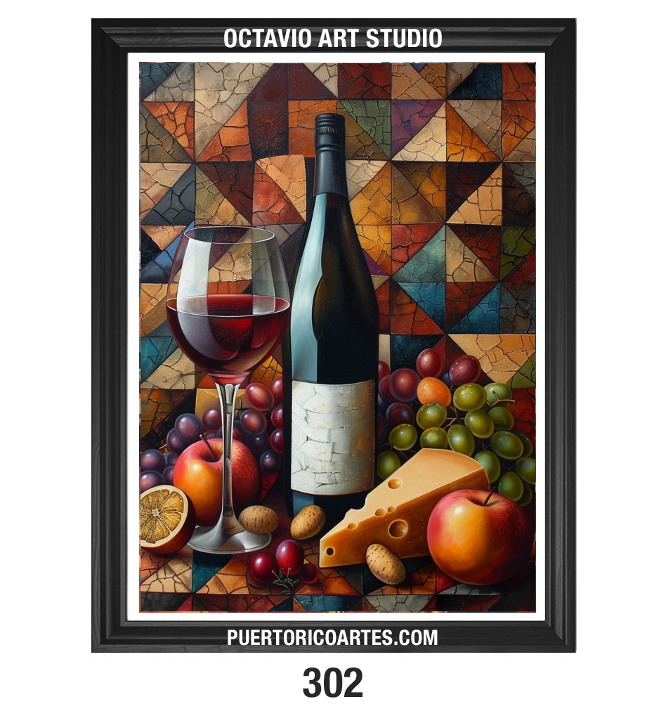 PR-302 Bodegón de Vinos, Uvas y Queso con efecto de Vitrales VI (Vertical)