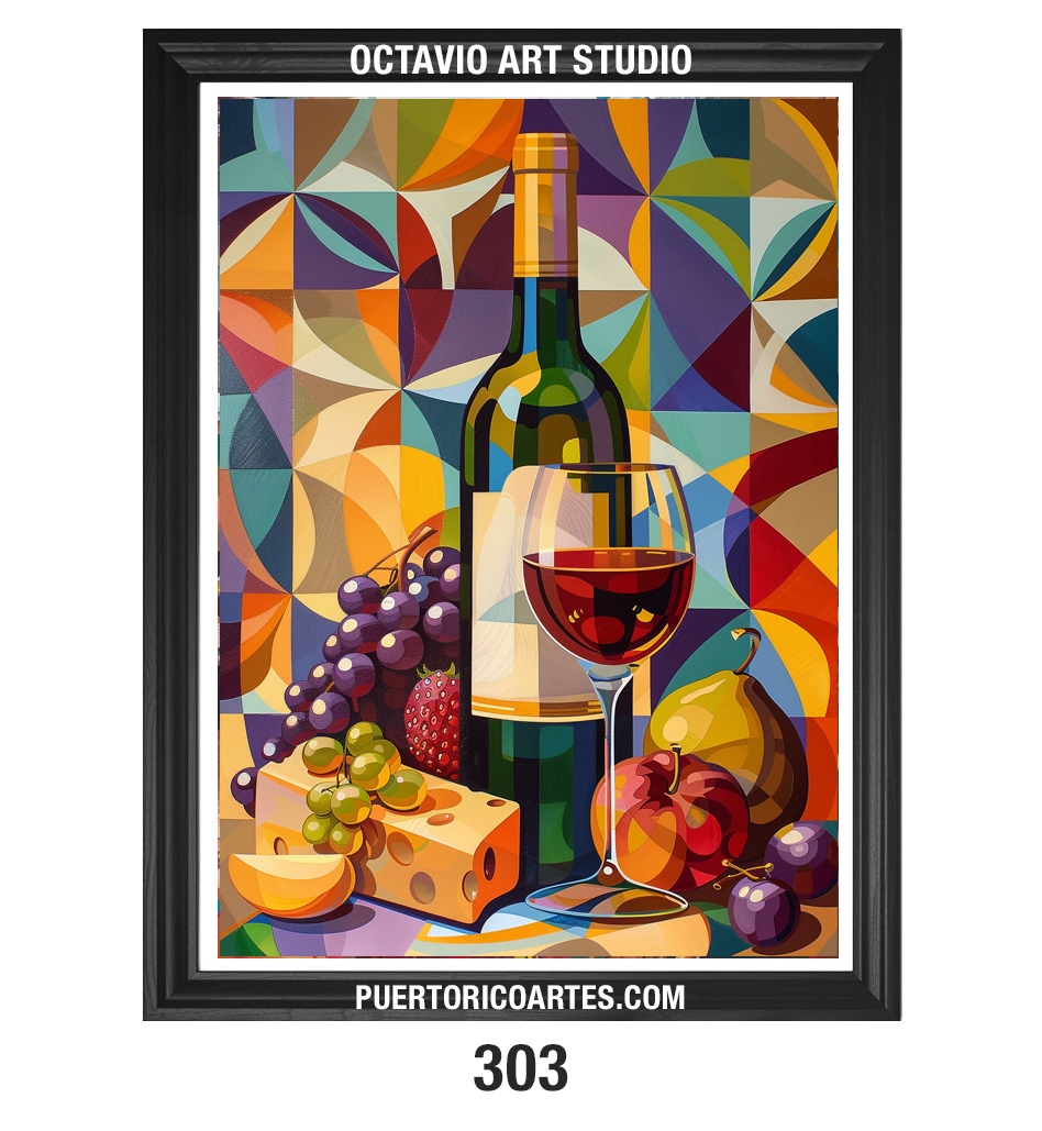 PR-303 Bodegón de Vinos, Uvas y Queso con efecto de Vitrales V (Vertical)