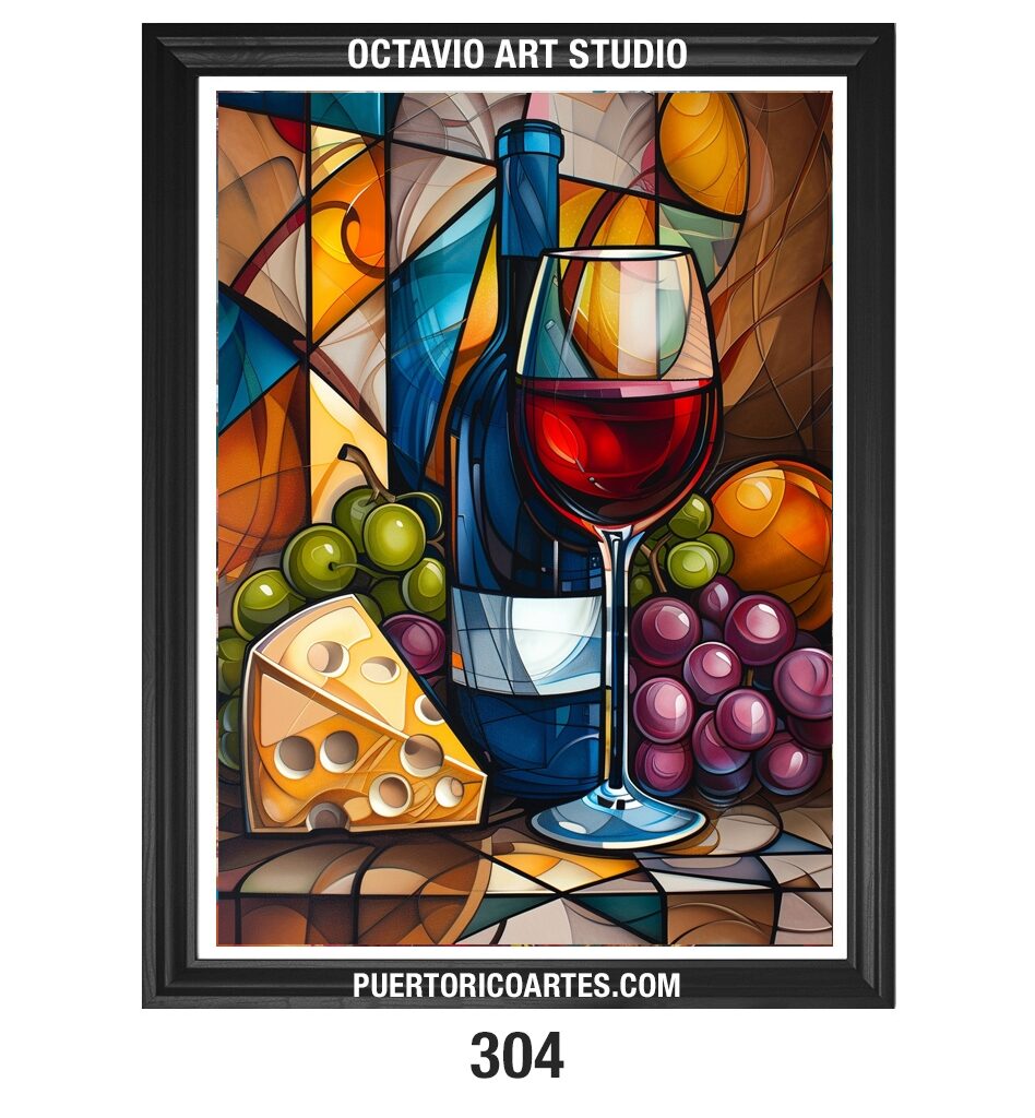 PR-304 Bodegón de Vinos, Uvas y Queso con efecto de Vitrales IV (Vertical)