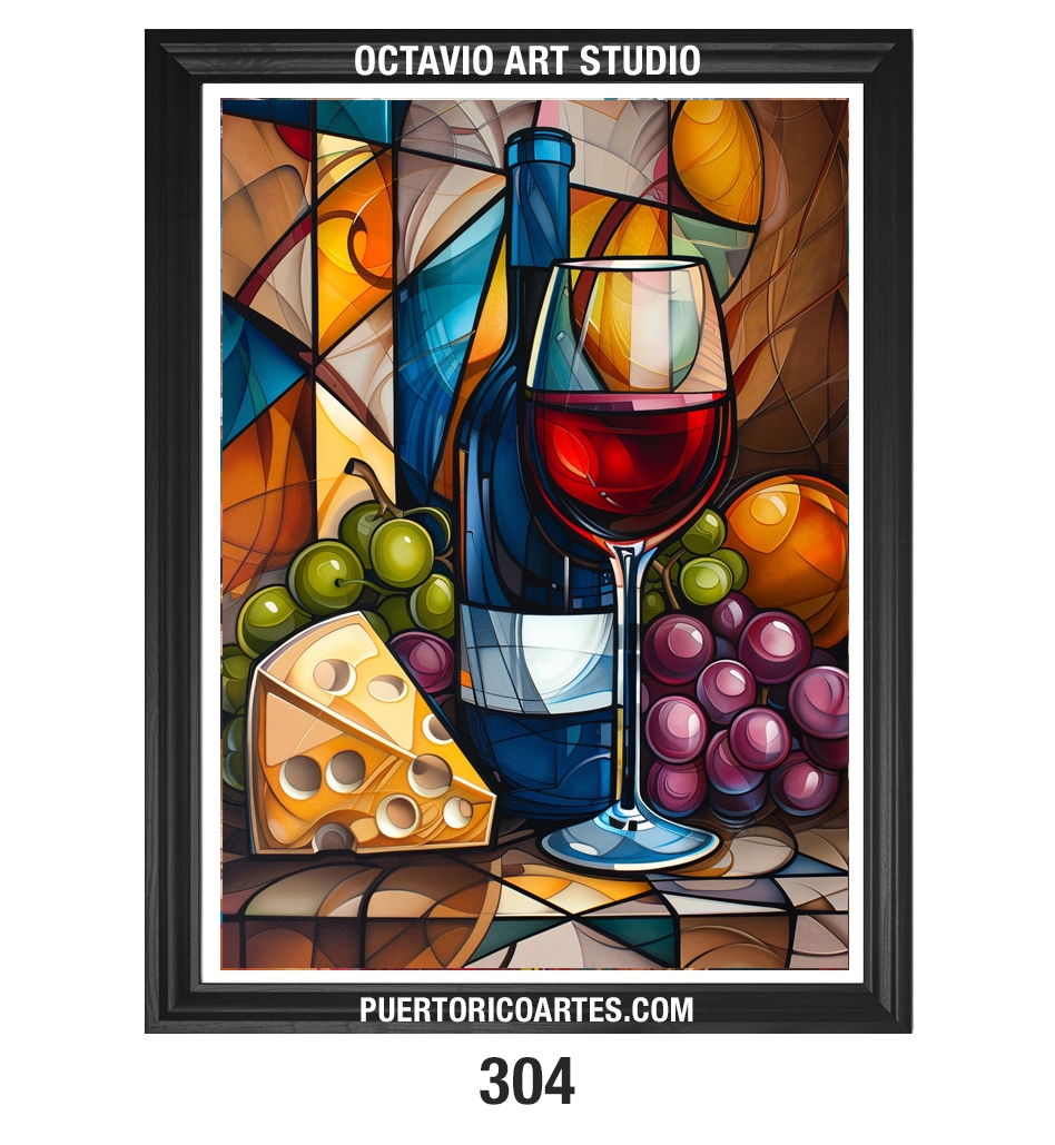 PR-304 Bodegón de Vinos, Uvas y Queso con efecto de Vitrales IV (Vertical)