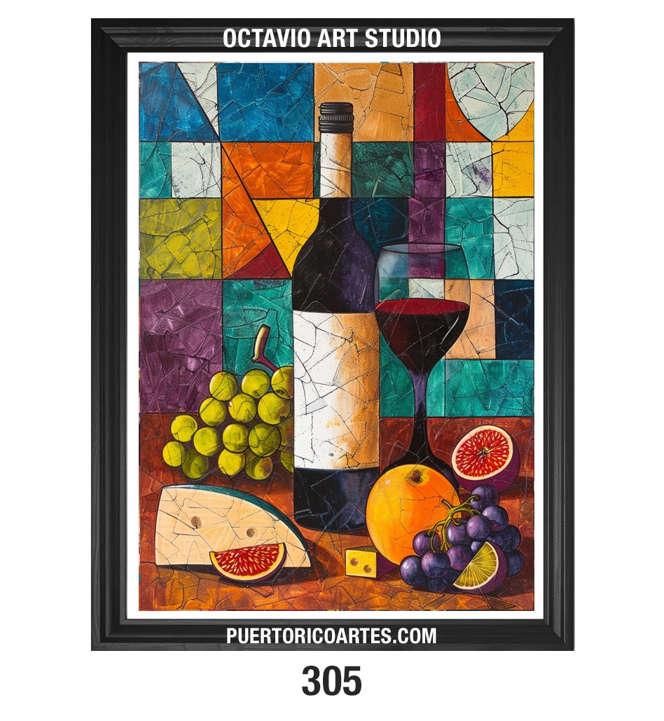 PR-305 Bodegón de Vinos, Uvas y Queso con efecto de Vitrales III (Vertical)