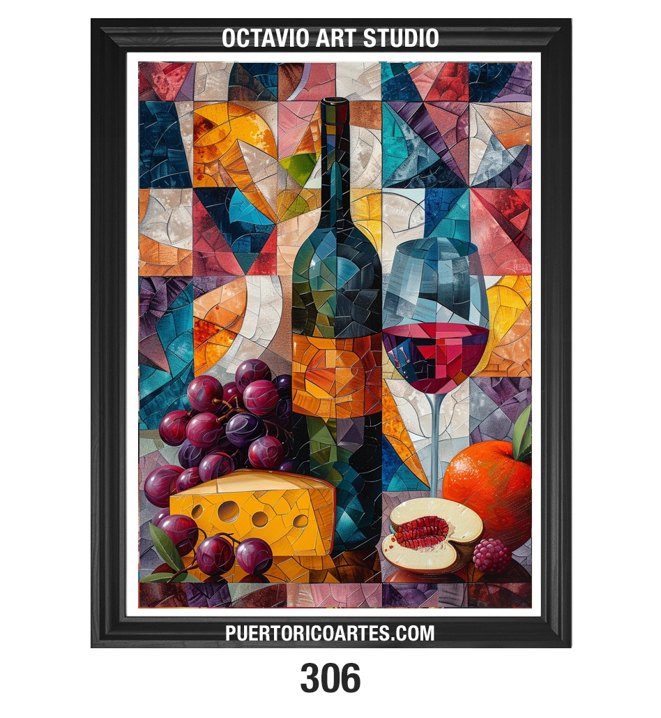 PR-306 Bodegón de Vinos, Uvas y Queso con efecto de Vitrales XI (Vertical)