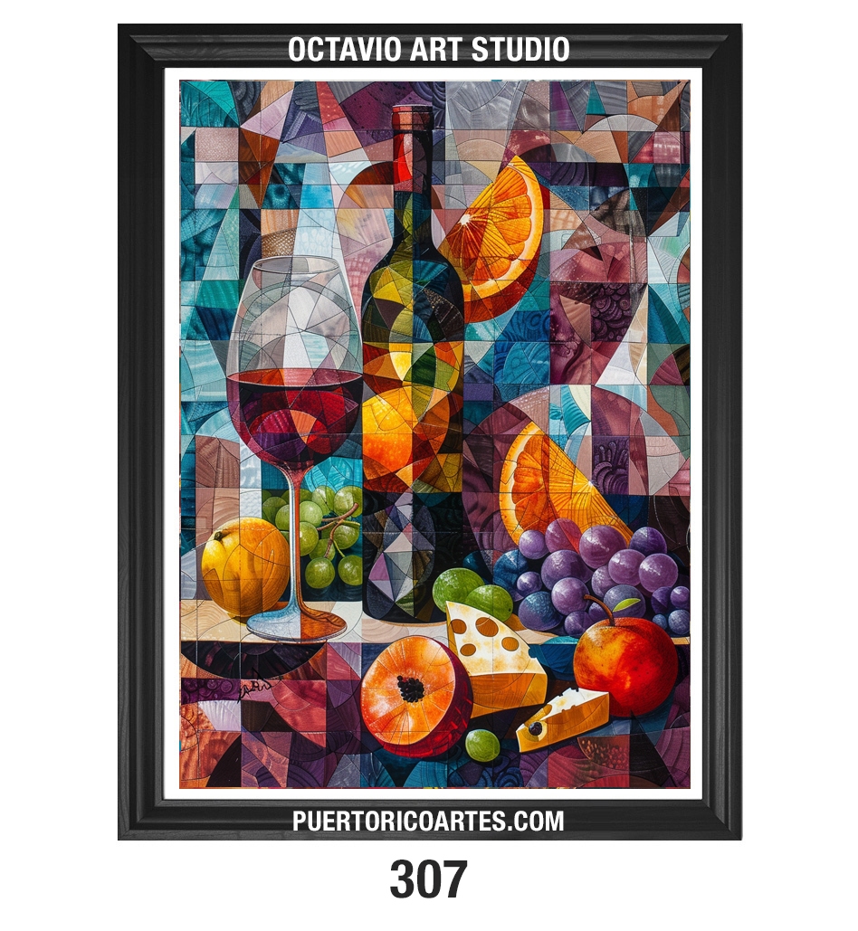 PR-307 Bodegón de Vinos, Uvas y Queso con efecto de Vitrales X (Vertical)