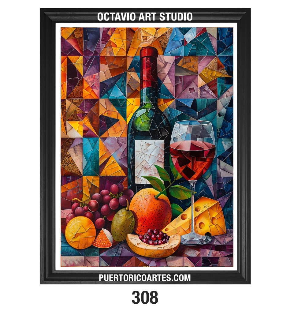 PR-308 Bodegón de Vinos, Uvas y Queso con efecto de Vitrales IX (Vertical)