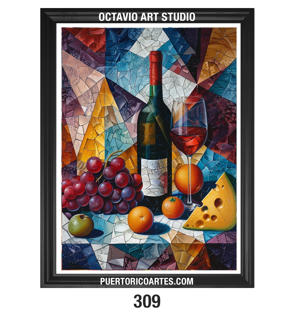 PR-309 Bodegón de Vinos, Uvas y Queso con efecto de Vitrales VIII (Vertical)