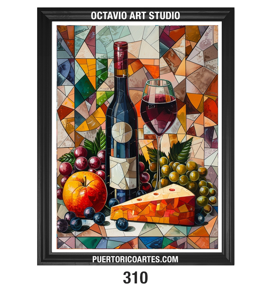 PR-310 Bodegón de Vinos, Uvas y Queso con efecto de Vitrales VII (Vertical)