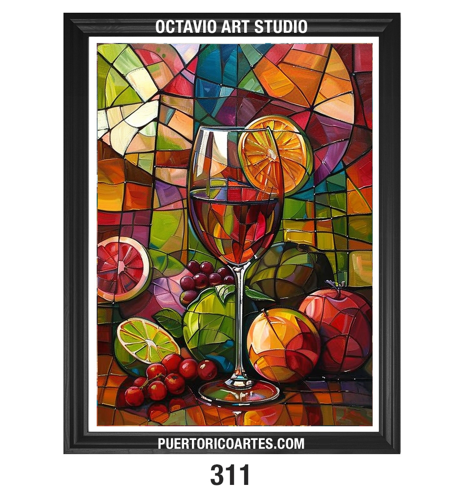 PR-311 Bodegón de Copa de Vino y Frutas con efecto de Vitrales II (Vertical)