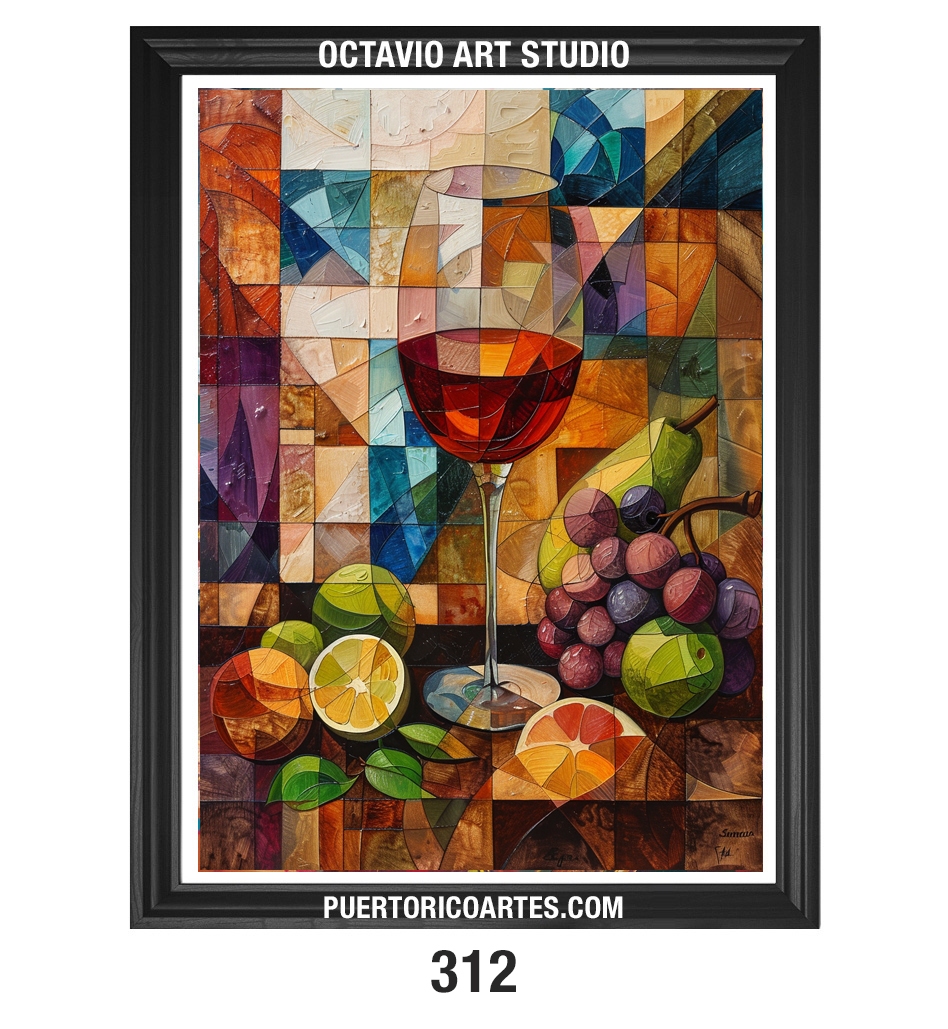 PR-312 Bodegón de Copa de Vino y Frutas con efecto de Vitrales (Vertical)