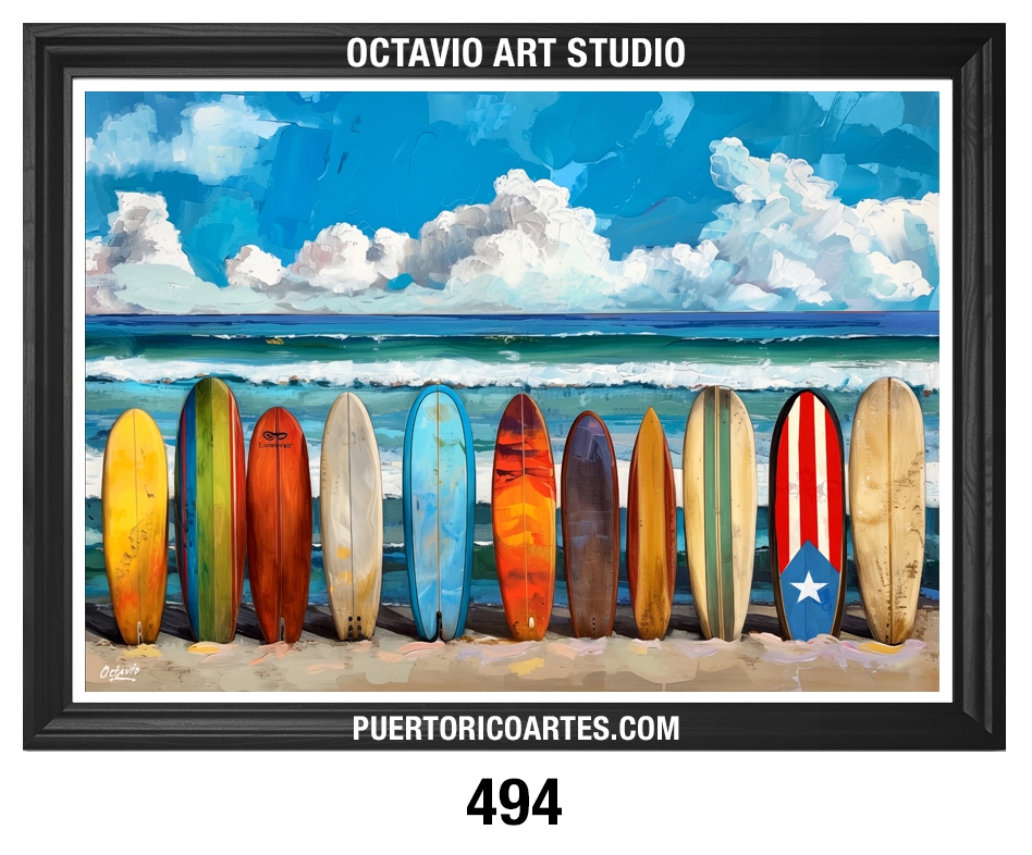 PR-494 Tablas de Surfear en la Playa con Bandera de Puerto Rico