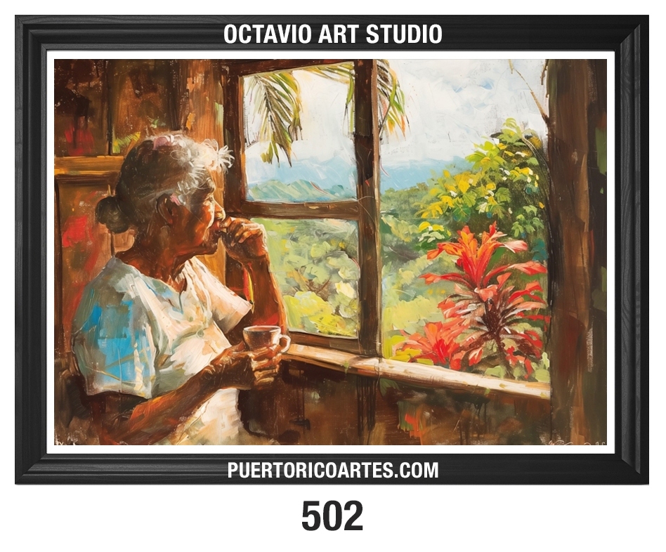 G-502 Abuelita tomando café en la ventana 3 (Granma drinking coffee by the Window)