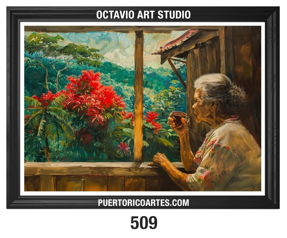 G-509 Abuelita tomando café en la ventana 2 (Granma drinking coffee by the Window)