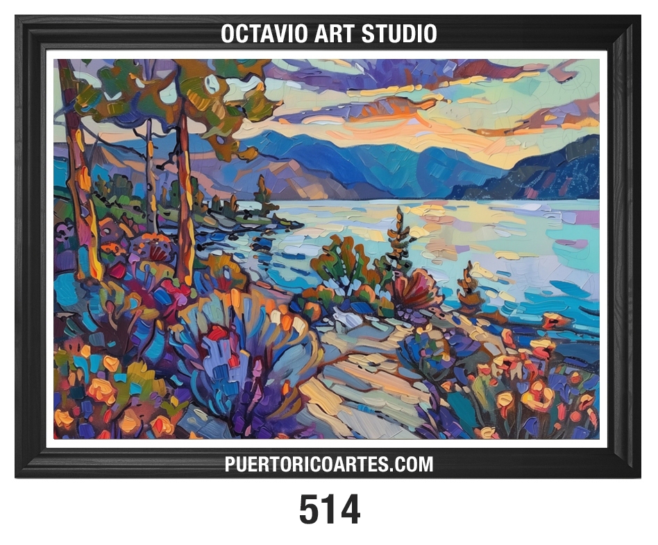 A-514 Paisaje Abstracto de Montañas, Flores y Lago