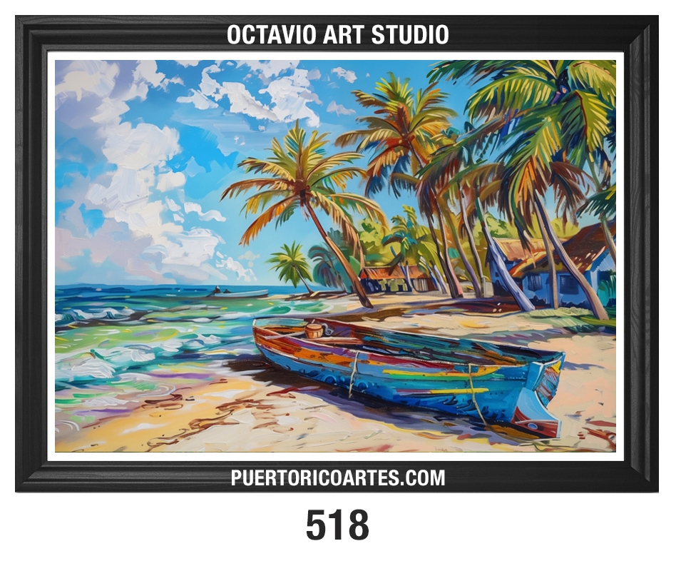 PR-518 Bote de Madera en la Playa con Palmeras