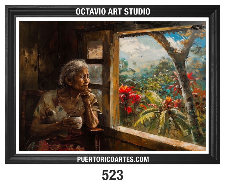 G-523 Abuelita tomando café en la ventana 1 (Granma drinking coffee by the Window)