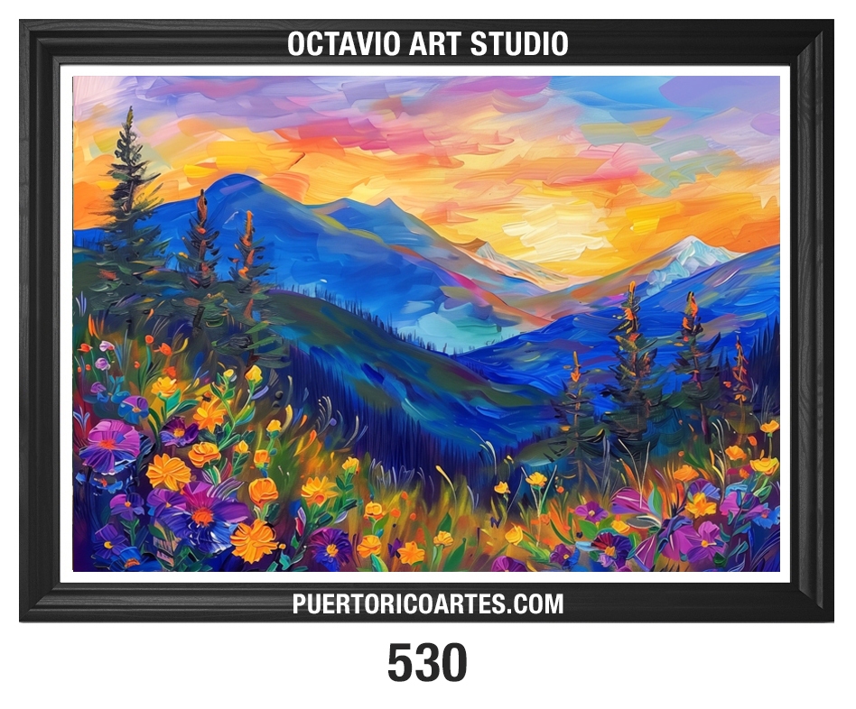 A-530 Paisaje Abstracto de Montañas y Flores al Atardecer