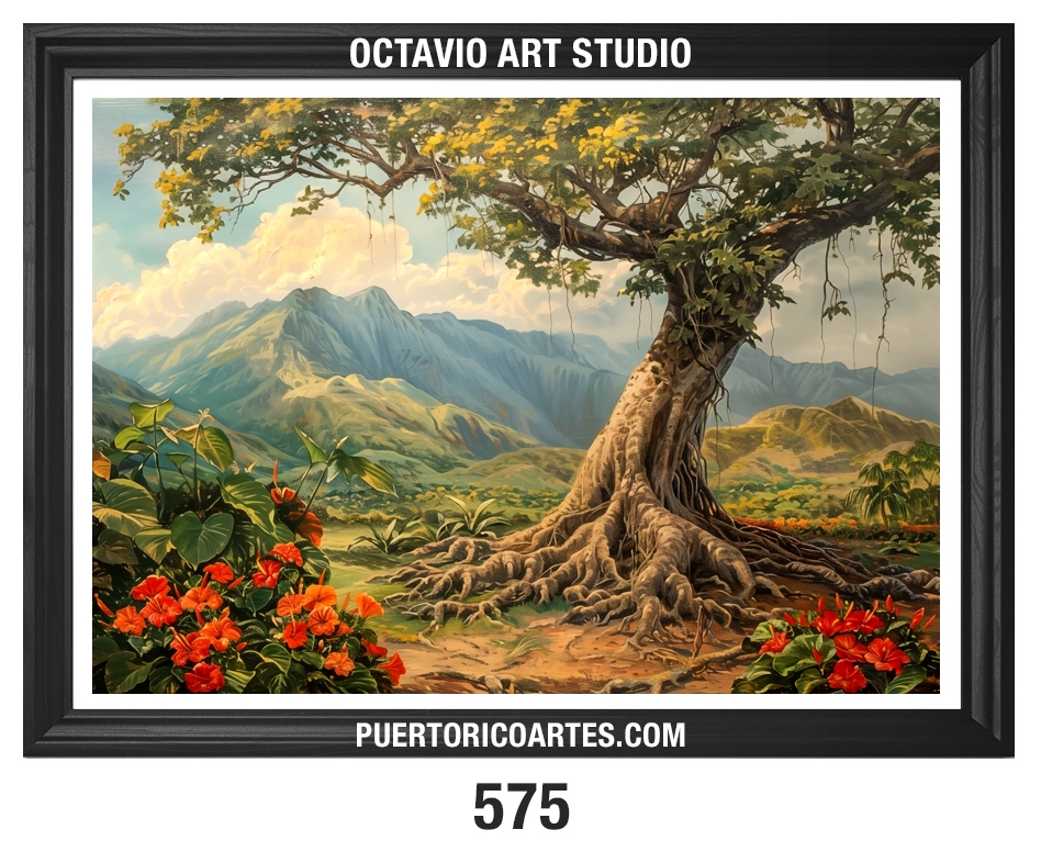 PR-575 – Ceiba en el Campo con Flores y Montañas