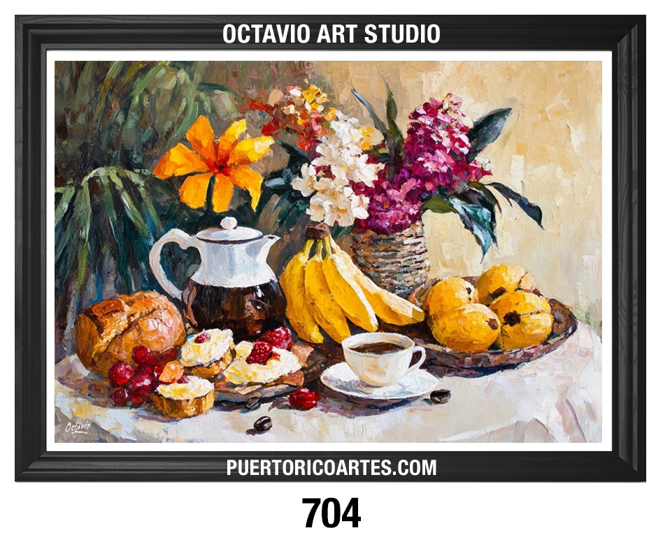 PR-704 Bodegón de Desayuno con Café, Frutas y Flores Tropicales