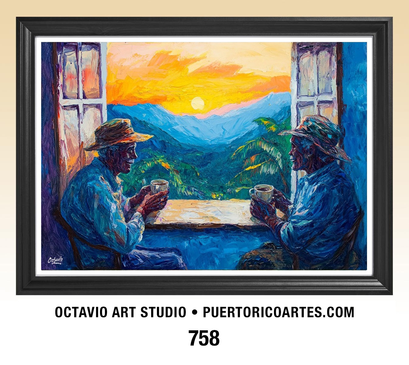 G-758 Dos amigos tomando café mirando al amanecer por la ventana