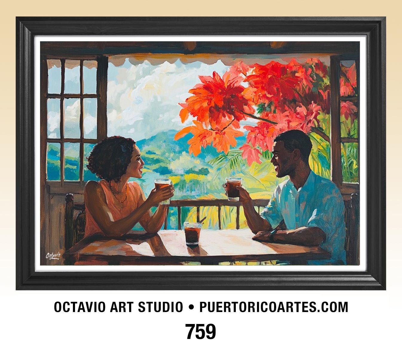 G-759 Dos amigos tomando café mirando al campo y flamboyán por la ventana