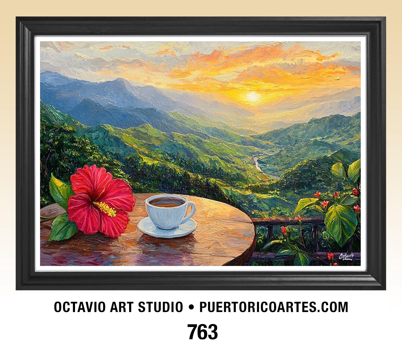 PR-763 Taza de Café con Amapola en la Montaña al Amanecer