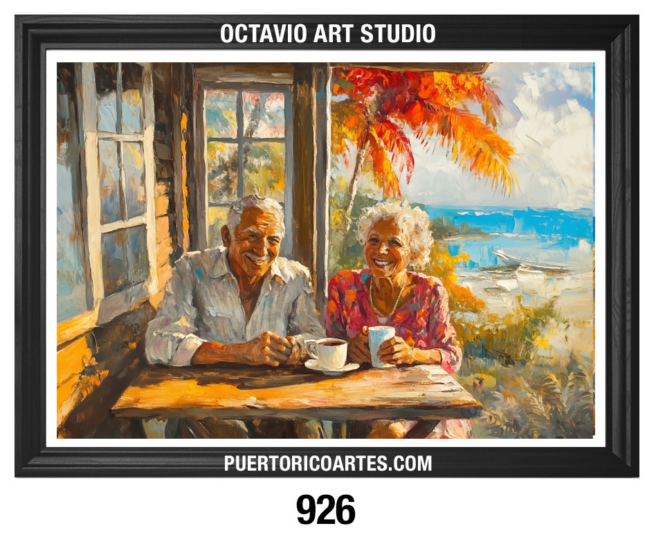 G-926 Dos amigos tomando café mirando al campo en el balcón