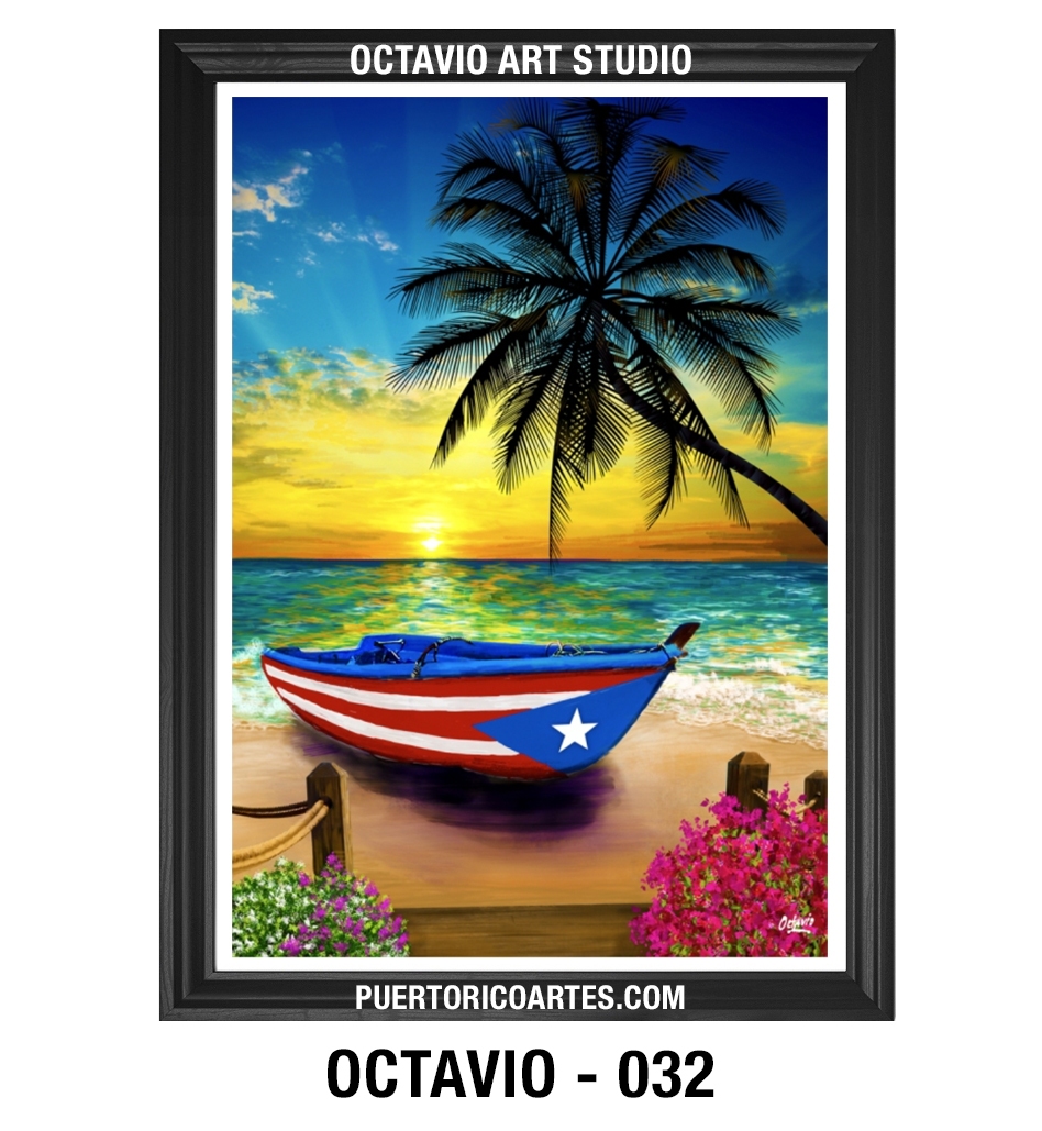 PR-032 Barco de Pesca con Bandera de Puerto Rico al atardecer