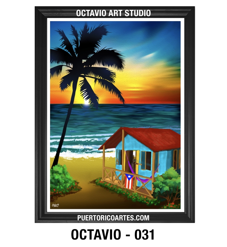 PR-031 Casita de Playa con Bandera de Puerto Rico al atardecer