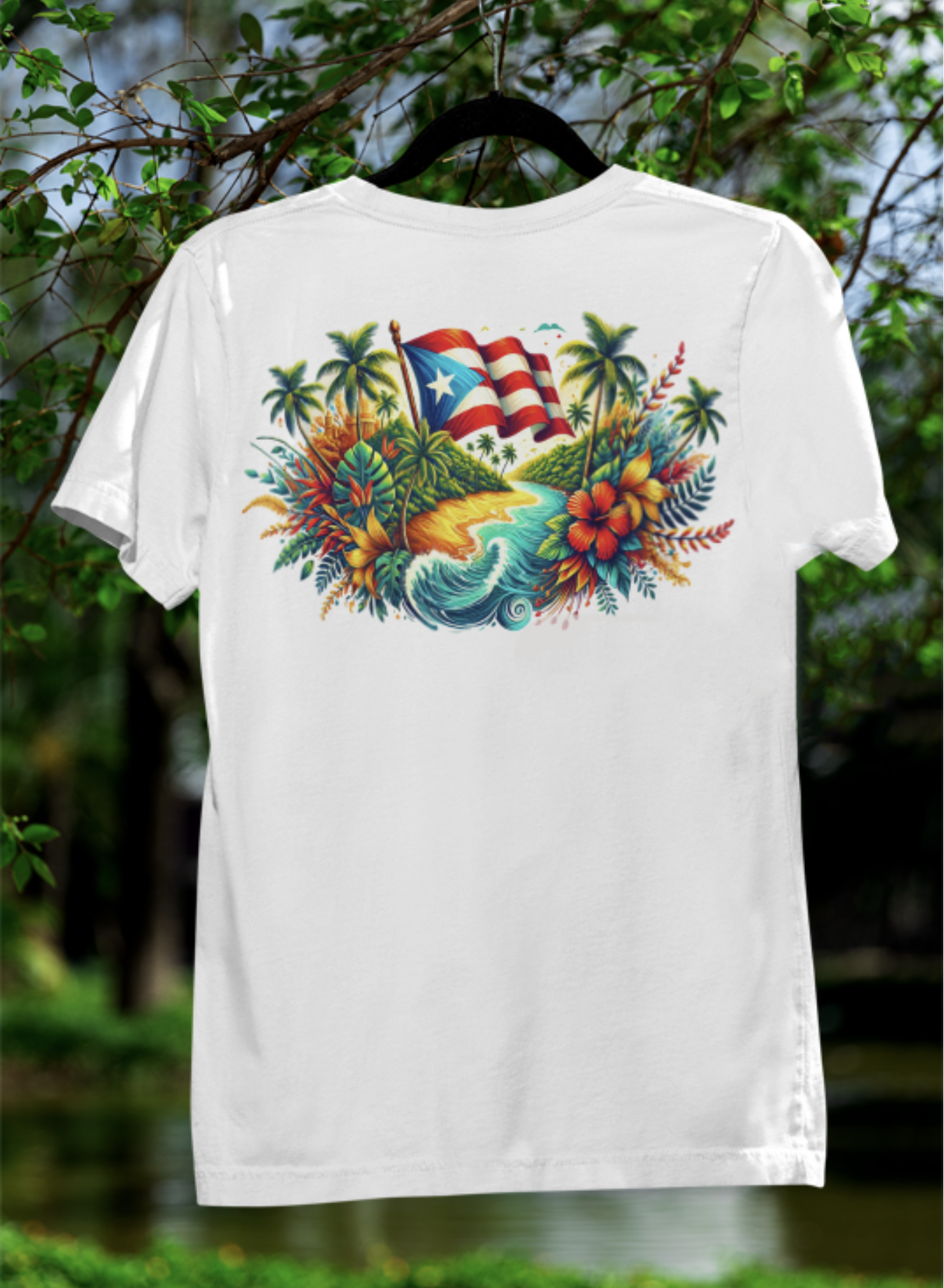 Octavio Art Studio - Camiseta (T-Shirt) “Camiseta T-Shirt de Bandera de Puerto Rico y Olas del Mar” 