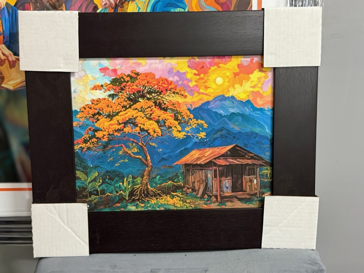 PR-080 Casita de Campo y Flamboyán Amarillo  – Enmarcado profesional color wengue 19×16″