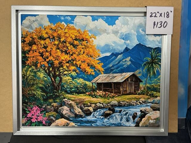 PR-1059 Casita con Roble Amarillo en marco flotante plateado 22x18"