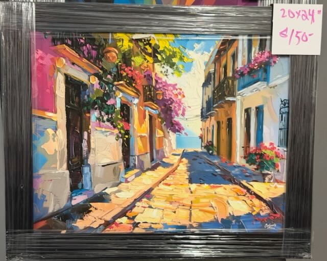 PR-071 Calles De Viejo San Juan Con Balcones Y Flores V2 - Enmarcado Profesional 24"x20"