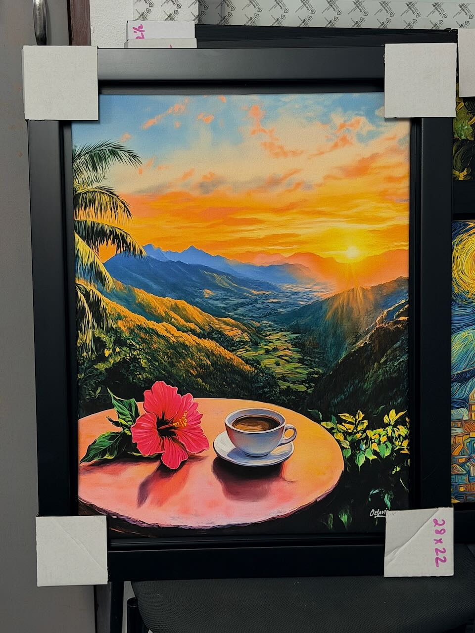 PR-1026 Taza De Café Con Amapola En La Montaña Al Amanecer - Enmarcado profesional de canvas flotante - 22x28"