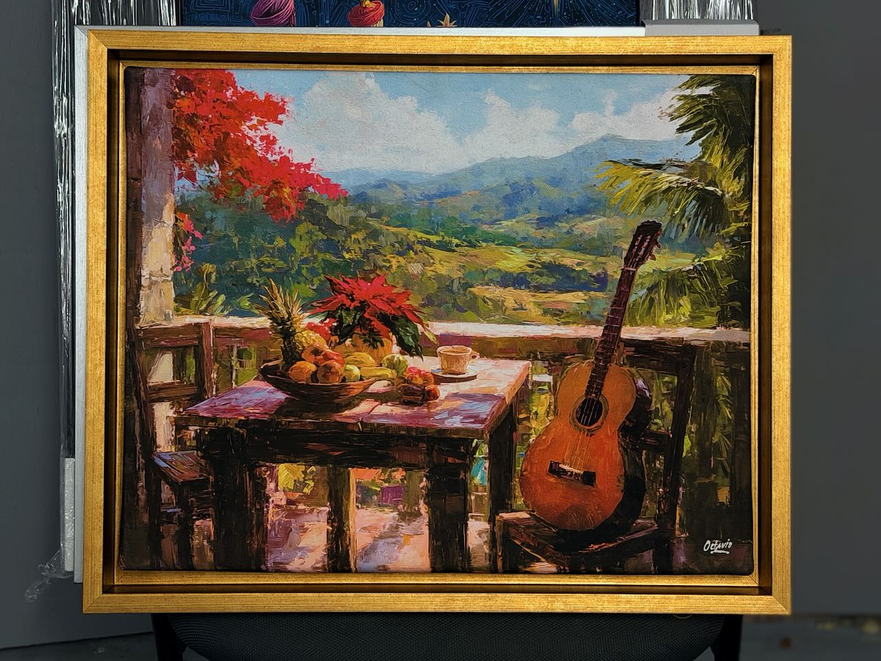 PR-1069 Balcón Boricua En Navidad en marco profesional y canvas flotante 22x18"