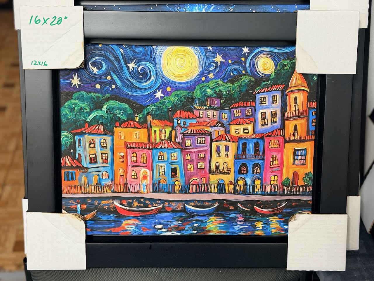 A-598 Canal, Edificios Y Botes De Noche - Enmarcado Profesional Canvas Flotante 20"x16"