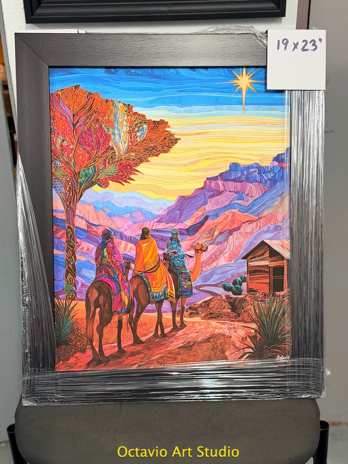 PR-1066 Reyes A Caballo A Casita De Madera A - Enmarcado Profesional 20x24" (Vertical)