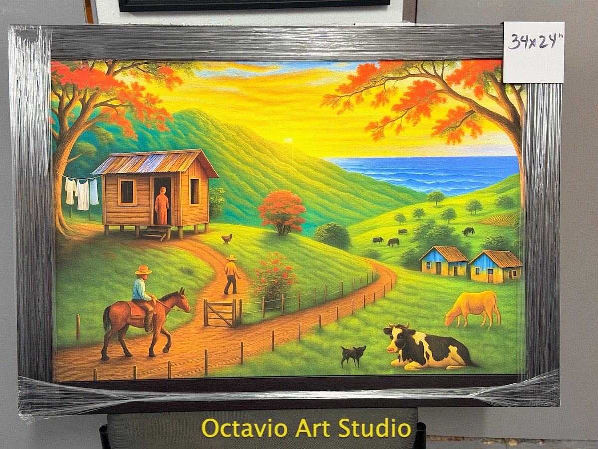 Escena de Campo de Puerto Rico – Enmarcado profesional sin cristal negro 34"x24"