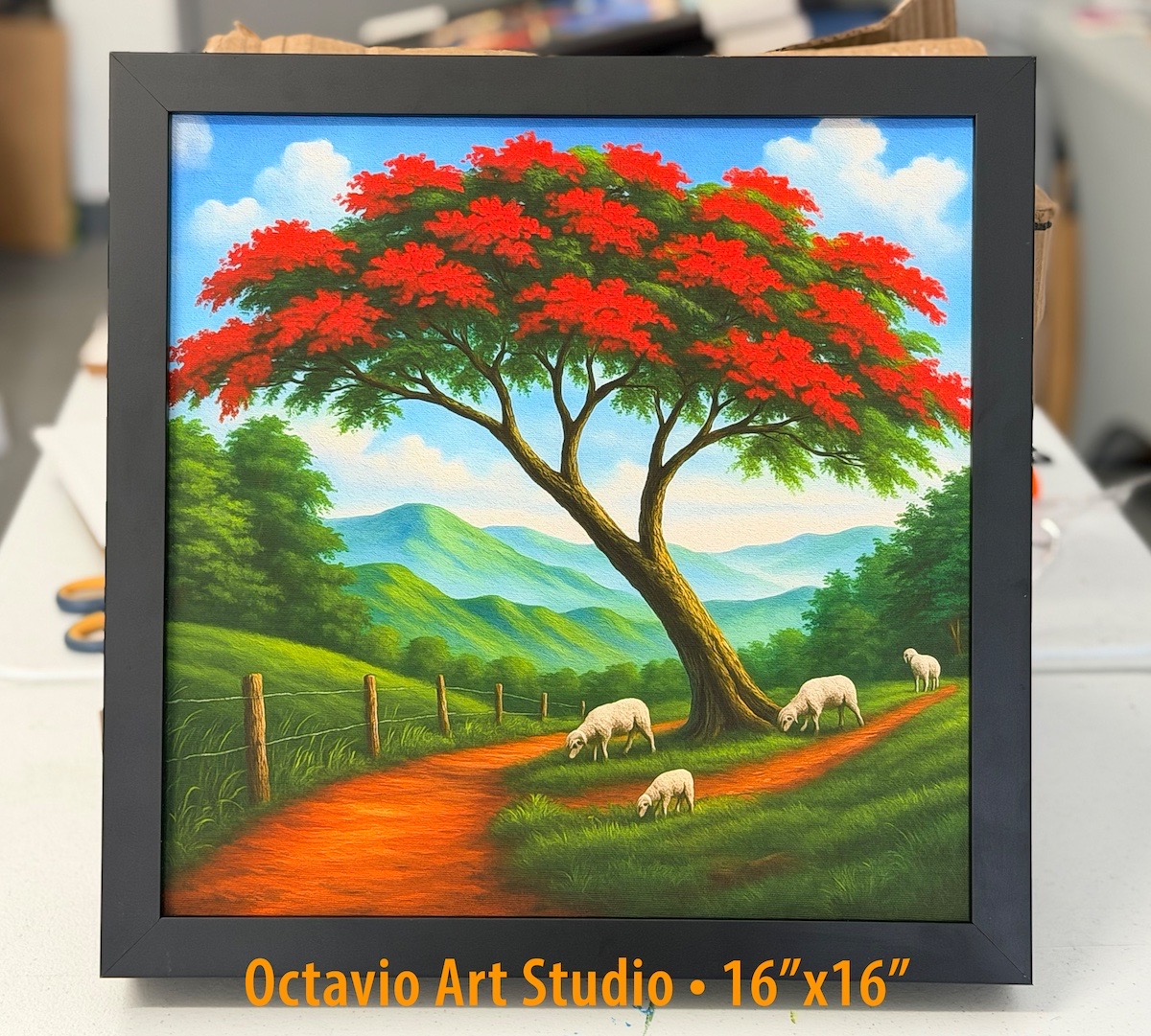 Obejas y Flamboyán en el Campo - Enmarcado Profesional 16x16" canvas