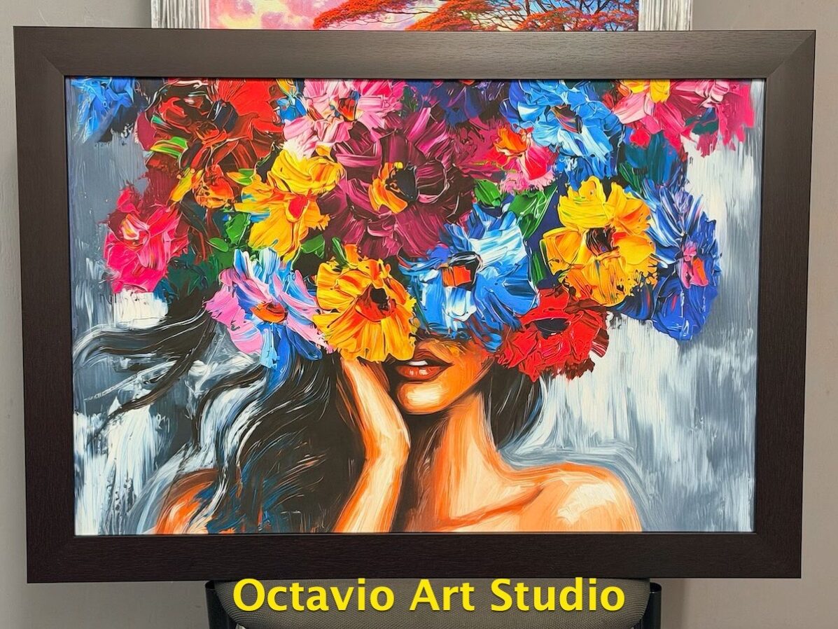 Mujer con Pelo de Flores – Enmarcado profesional sin cristal wengue 34″x24″ Mujer con Pelo de Flores – Enmarcado profesional sin cristal wengue 34"x24"