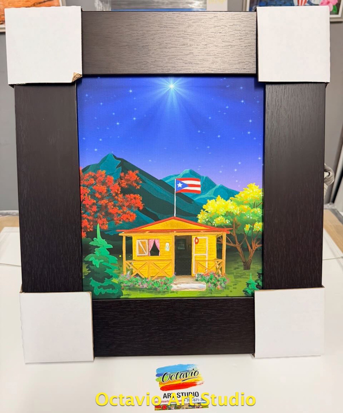 PR-030 Casita de Campo de Noche con Bandera de Puerto Rico - Enmarcado profesional 3" color wengue - 16x18"
