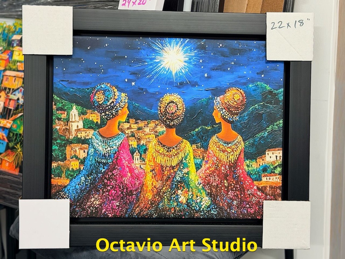 R244 Reinas mirando el pueblo II - Enmarcado Profesional Canvas Flotante Negro 22"x18"