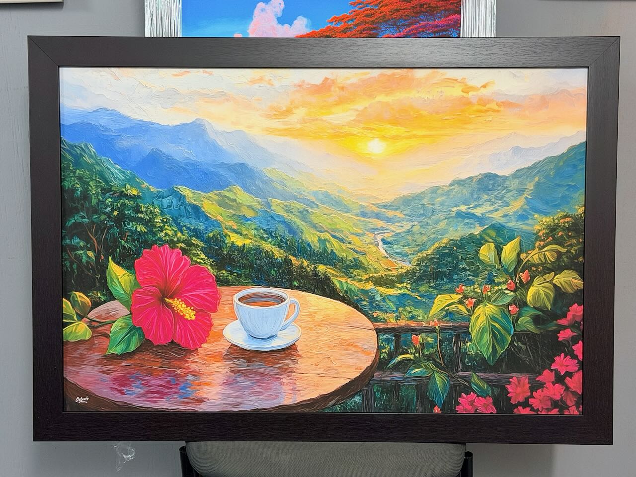 PR-763 Taza De Café Con Amapola En La Montaña Al Amanecer – Enmarcado profesional sin cristal wengue 39"x27"