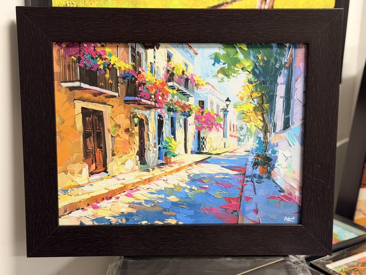 PR-079 Calles De Viejo San Juan Con Balcones Y Flores V4 - Enmarcado Profesional 14x17"