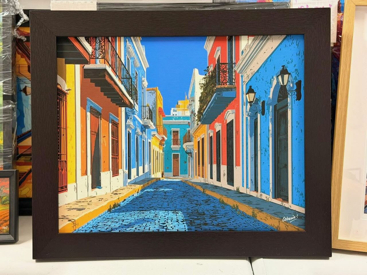 Calles De Viejo San Juan con Adoquines – Enmarcado profesional color wengue 23x19"